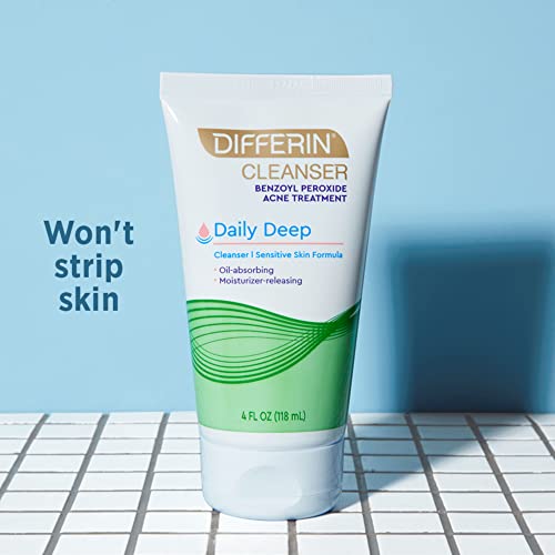 Differin Acne Face Wash with Benzoyl Peroxide, Daily Deep Cleanser by the makers of Differin Gel, Gentle Skin Care for Acne Prone Sensitive Skin, 4 oz (Packaging May Vary)