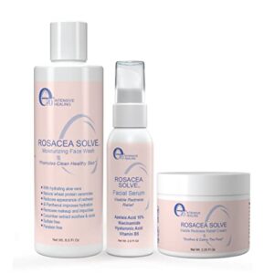 e70 rosacea solve set – includes rosacea cream, serum and moisturizing face wash – combined beneficial ingredients such as aloe vera, hyaluronic acid, niacinamide coconut oil, cucumber, wheat, fruit extracts, licorice, azelaic acid 10% chamomile extracts