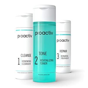 proactiv 3 step acne treatment – benzoyl peroxide face wash, repairing acne spot treatment for face and body, exfoliating toner – 30 day complete acne skin care kit