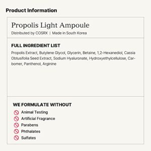 COSRX Propolis Ampoule, Glow Boosting Serum for Face with 73.5% Propolis Extract, 1.01 fl.oz / 30ml, Hydrating Essence for Sentsitive Skin, Fine Lines, Uneven Skintone, Not Tested on Animals, No Parabens, No Sulfates, No Phthalates, Korean Skincare