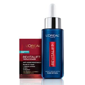 l’oreal paris revitalift 0.3% pure retinol night serum, to visibly reduce wrinkles, even deep ones, fragrance free 1 oz + moisturizer sample