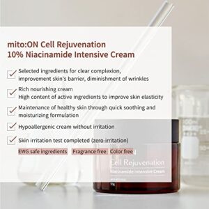 Mito-on Cell Rejuvenation 10% Niacinamide Intensive Cream, vitamin b3, face & neck moisturizer, anti aging skin care for clear complexion, dark spots, wrinkle reduction, restoration of elasticity