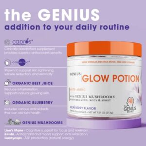 Genius Glow Potion, Anti-Aging Supplement, Acai Berry Powder - Beauty Supplements for Glowing Skin with Genius Mushrooms - All-in-One Wrinkle, Fine Line, Dark Spot Remover & Boosts Skin Repair