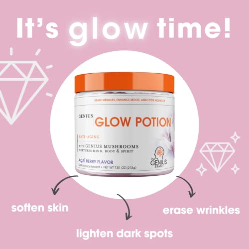 Genius Glow Potion, Anti-Aging Supplement, Acai Berry Powder - Beauty Supplements for Glowing Skin with Genius Mushrooms - All-in-One Wrinkle, Fine Line, Dark Spot Remover & Boosts Skin Repair