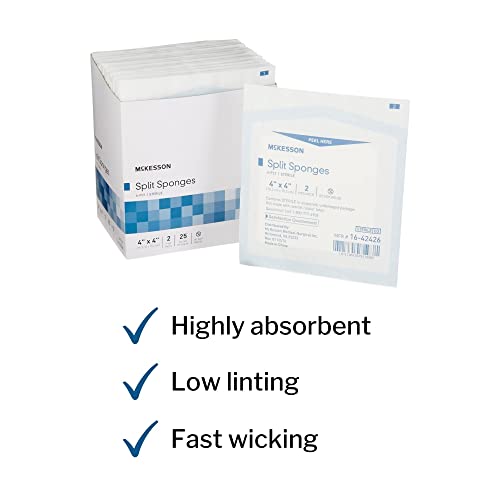 McKesson Split Sponges, 6-Ply Sterile, I.V. and Tracheostomy Dressings, Polyester/Rayon Blend, 4 in x 4 in, 25 Packs of 2 (50 Total)