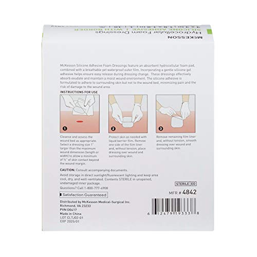 McKesson Hydrocellular Foam Dressings, Sterile, Silicone Adhesive with Border, Dimension 3 in x 3 in, Pad 1 4/5 in x 1 4/5 in, 10 Count, 1 Pack