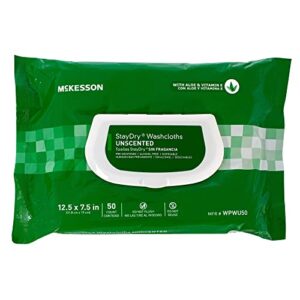 mckesson staydry washcloths, disposable – for all-over body use, pre-moistened with aloe and vitamin e – unscented, 7 1/2 in x 12 1/2 in, 50 wipes, 12 packs, 600 total
