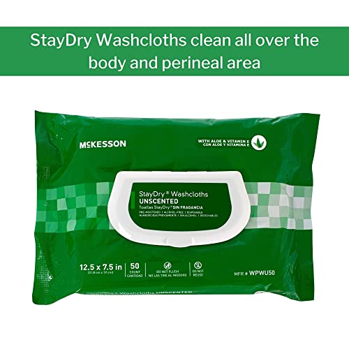 McKesson StayDry Washcloths, Disposable - for All-Over Body Use, Pre-Moistened with Aloe and Vitamin E - Unscented, 7 1/2 in x 12 1/2 in, 50 Wipes, 12 Packs, 600 Total