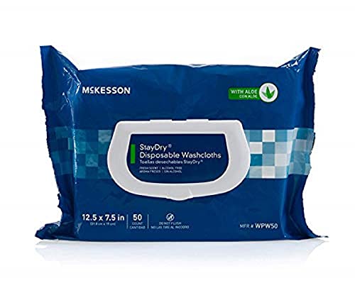 McKesson StayDry Disposable Washcloths with Aloe, Pre-moistened, 7.5 X 12.5 Inch, Soft Pack - Pack of 100 (Packaging May Vary)