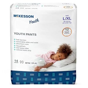 mckesson youth pants, overnight pediatric pull up pants for boys or girls, disposable training pant, 12 hour protection – size large/xl, 60-120 lbs, 14 count, 4 packs, 56 total
