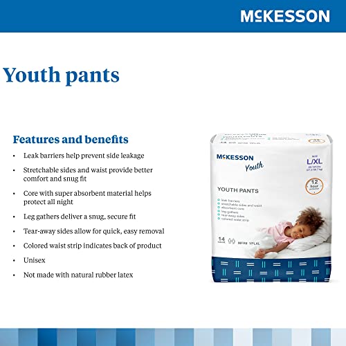 McKesson Youth Pants, Overnight Pediatric Pull Up Pants for Boys or Girls, Disposable Training Pant, 12 Hour Protection - Size Large/XL, 60-120 lbs, 14 Count, 4 Packs, 56 Total