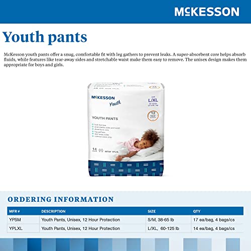 McKesson Youth Pants, Overnight Pediatric Pull Up Pants for Boys or Girls, Disposable Training Pant, 12 Hour Protection - Size Large/XL, 60-120 lbs, 14 Count, 4 Packs, 56 Total