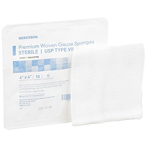 McKesson Premium Woven Gauze Sponges, Sterile, 12-Ply, USP Type VII, 100% Cotton, 4 in x 4 in, 10 Per Pack, 128 Packs, 1280 Total