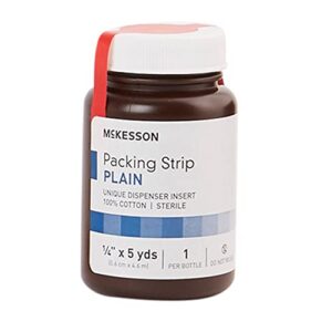 mckesson packing strip, sterile, plain, 100% cotton, 1/4 in x 5 yds, 12 count