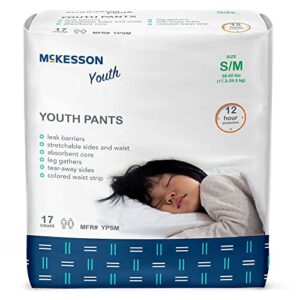 mckesson youth pants, overnight pediatric pull up pants for boys or girls, disposable training pant, 12 hour protection – size small/medium, 38-65 lbs, 17 count, 4 packs, 68 total