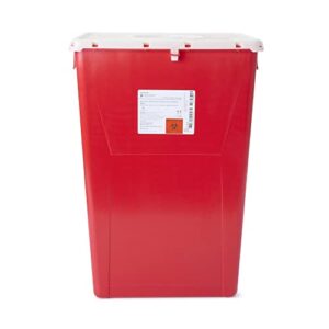 mckesson prevent premium biohazard sharps container – vertical entry, rotating lid – red and white, 18 gal, 13 in x 17 3/10 in x 24 3/5 in, 1 count