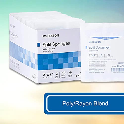 McKesson Split Sponges, 6-Ply Sterile, I.V. and Tracheostomy Dressings, Polyester / Rayon Blend, 2 in x 2 in, 35 Per Pack, 1 Pack