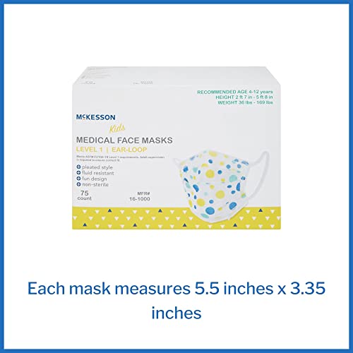 McKesson Kids' Medical Face Masks, Level 1 - Pleated with Ear Loops, Non-Sterile, Blue and Yellow Polka Dots - Fits Kids 4 to 12 Years Old, 5.5 in x 3.35 in, 75 Count, 1 Pack