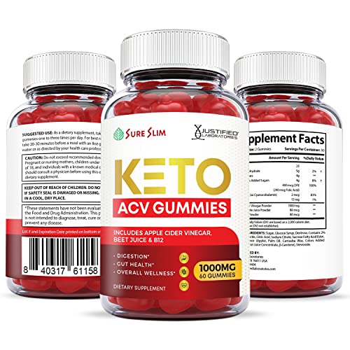 Justified Laboratories (2 Pack) Sure Slim Keto ACV Gummies 1000MG with Pomegranate Juice Beet Root B12 60 Gummys