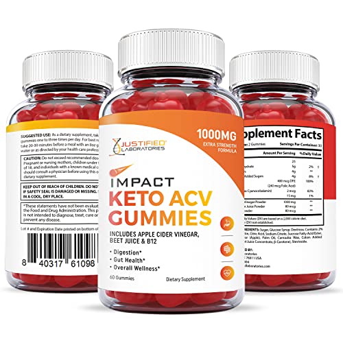 Justified Laboratories (2 Pack) Impact Keto ACV Gummies 1000MG with Pomegranate Juice Beet Root B12 120 Gummys