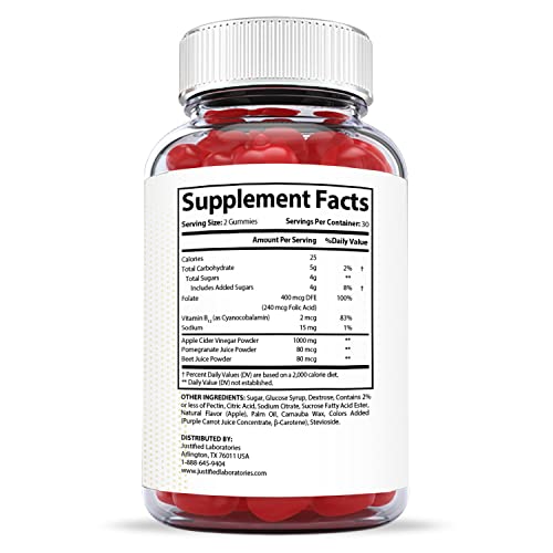 Justified Laboratories Sure Slim Keto ACV Gummies 1000MG with Pomegranate Juice Beet Root B12 60 Gummys