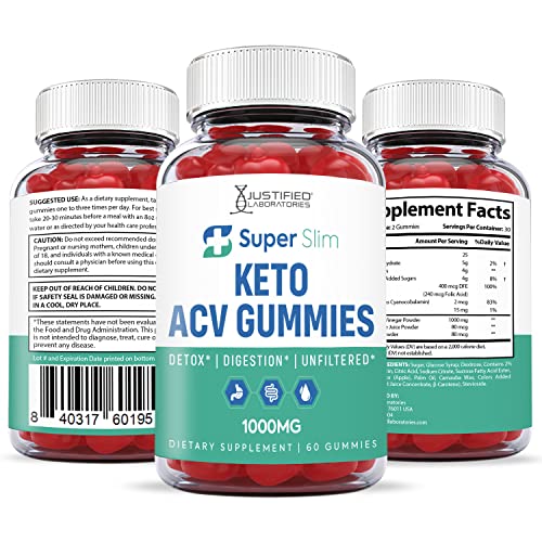 Justified Laboratories (2 Pack) Super Slim Keto ACV Gummies 1000MG with Pomegranate Juice Beet Root B12 60 Gummys