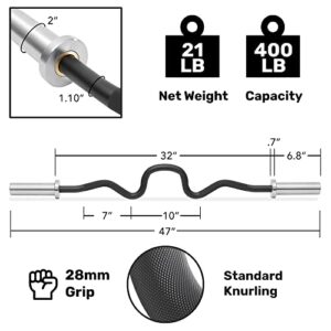 Philosophy Gym 47" Super Curl Olympic Barbell -9.5KG 28mm Grip 400LB Capacity 4 Needle Bearing 2" Weightlifting Bar