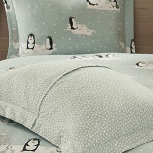 Sleep Philosophy True North Cozy Flannel Duvet Cover 100% Cotton Flannel Novel Adorable Animal Print, All Season Comforter Cover Bedding Set with Sham, King/Cal King, Aqua Penguin 3 Piece