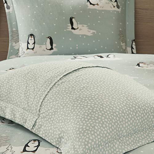 Sleep Philosophy True North Cozy Flannel Duvet Cover 100% Cotton Flannel Novel Adorable Animal Print, All Season Comforter Cover Bedding Set with Sham, King/Cal King, Aqua Penguin 3 Piece