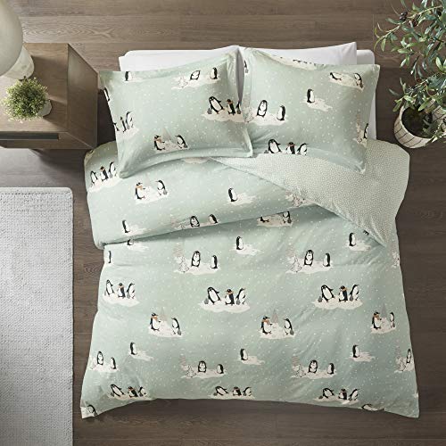 Sleep Philosophy True North Cozy Flannel Duvet Cover 100% Cotton Flannel Novel Adorable Animal Print, All Season Comforter Cover Bedding Set with Sham, King/Cal King, Aqua Penguin 3 Piece