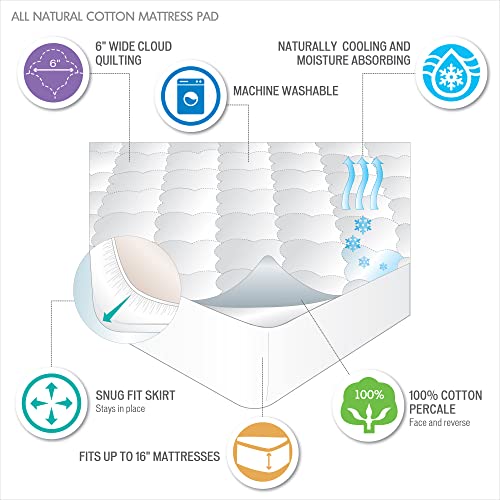 Sleep Philosophy All Natural Cotton Filled Mattress Pad Washable Bed Protector, Queen, White