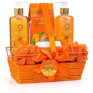 birthday gift basket, home spa gift basket – orange & mango fragrance – 7pc bath & body set for women & men, contains shower gel, bubble bath, body lotion, bath salt, 2 bath poufs & handmade basket