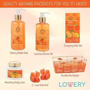 Birthday Gift Basket, Home Spa Gift Basket - Orange & Mango Fragrance - 7pc Bath & Body Set For Women & Men, Contains Shower Gel, Bubble Bath, Body Lotion, Bath Salt, 2 Bath Poufs & Handmade Basket