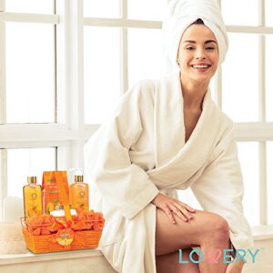 Birthday Gift Basket, Home Spa Gift Basket - Orange & Mango Fragrance - 7pc Bath & Body Set For Women & Men, Contains Shower Gel, Bubble Bath, Body Lotion, Bath Salt, 2 Bath Poufs & Handmade Basket