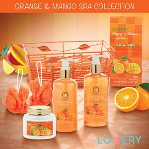 Birthday Gift Basket, Home Spa Gift Basket - Orange & Mango Fragrance - 7pc Bath & Body Set For Women & Men, Contains Shower Gel, Bubble Bath, Body Lotion, Bath Salt, 2 Bath Poufs & Handmade Basket