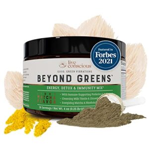 beyond greens super greens powder superfood – delicious debloating green powder – matcha greens blend superfood powder w/ chlorella, echinacea, probiotics for immune support & energy by live conscious