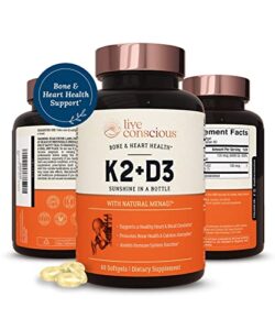 live conscious vitamin k2 mk7 with d3 supplement by livewell | bone & heart health support – patented vitamin k & vitamin d3 5000 iu – 60 softgels