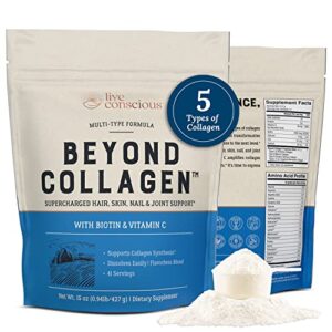 beyond collagen multi collagen powder for women w/ types i, ii, iii, v & x – keto friendly, hydrolyzed collagen peptides powder blend w/ biotin & vitamin c – live conscious – 41 servings