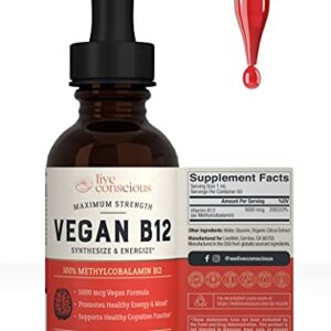 Vegan Vitamin B12 Sublingual Liquid Drops by Live Conscious- Methylcobalamin Max Strength B12 5000mcg Formula - Vegan B 12 Vitamin Support Energy & Mood, Promote Memory, Aid Immune System - 60 Serving
