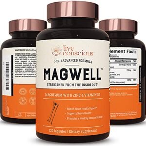 magwell magnesium zinc & vitamin d3 – highly bioavailable magnesium: glycinate, malate, & citrate – 3-in-1 magnesium supplement for women & men – bone, heart, immune support – 120 capsules by livewell