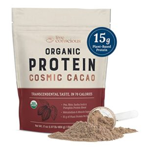 live conscious organic pea protein powder – cosmic cacao chocolate flavor | low-carb plant-based vegan protein blend – pea, brown rice, pumpkin, sacha inchi | 20 servings, 17 oz