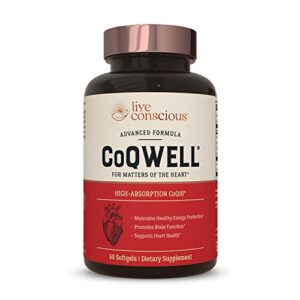 live conscious coqwell – coq10 heart, brain, and vascular health support | high-absorption, patented coenzyme q10 coqsol | 60 softgels – 60 day supply
