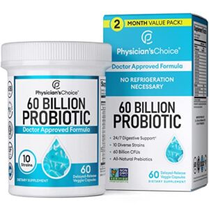 physician’s choice probiotics 60 billion cfu – 10 unique strains + organic prebiotic, crafted for overall digestive health, gut health, occasional constipation, gas & bloating – 2 month supply