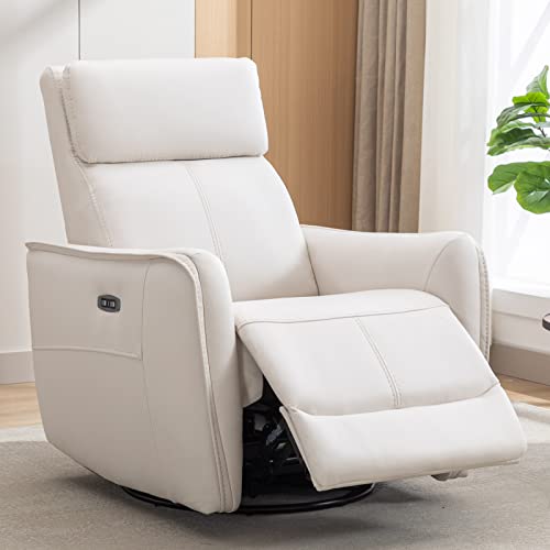 ANJ Power Swivel Rocker Recliner Chair, Electric Glider Reclining Sofa with USB Ports, Leathaire Rocking Chair Nursery Recliners for Living Room (White)