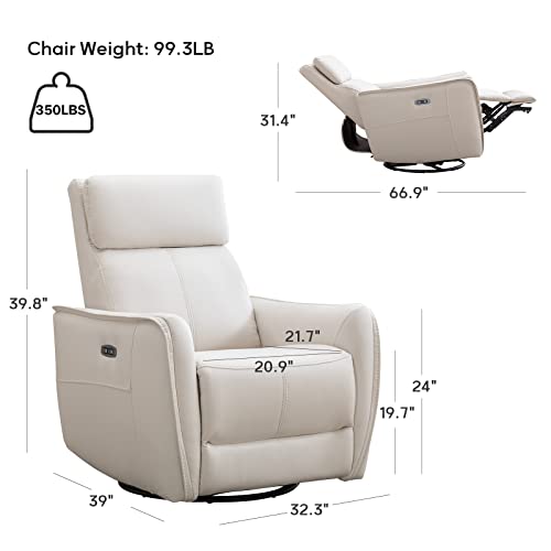 ANJ Power Swivel Rocker Recliner Chair, Electric Glider Reclining Sofa with USB Ports, Leathaire Rocking Chair Nursery Recliners for Living Room (White)