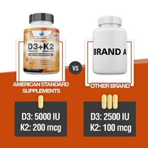 Vitamin D3 K2 (MK-7), Vitamin D3 (5000IU) + K2 (MK-7) 200mcg w/ Organic Coconut Oil, Vitamin D3 + K2, Vitamin D3 + K2, Vitamin K2 D3, Immune & Bone Health, No Fillers, Made in USA, 120 Veggie Capsule