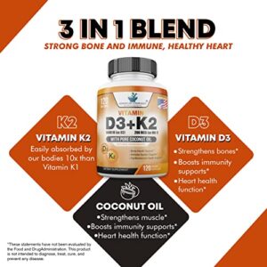 Vitamin D3 K2 (MK-7), Vitamin D3 (5000IU) + K2 (MK-7) 200mcg w/ Organic Coconut Oil, Vitamin D3 + K2, Vitamin D3 + K2, Vitamin K2 D3, Immune & Bone Health, No Fillers, Made in USA, 120 Veggie Capsule