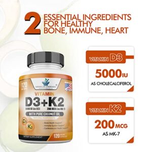 Vitamin D3 K2 (MK-7), Vitamin D3 (5000IU) + K2 (MK-7) 200mcg w/ Organic Coconut Oil, Vitamin D3 + K2, Vitamin D3 + K2, Vitamin K2 D3, Immune & Bone Health, No Fillers, Made in USA, 120 Veggie Capsule