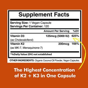 Vitamin D3 K2 (MK-7), Vitamin D3 (5000IU) + K2 (MK-7) 200mcg w/ Organic Coconut Oil, Vitamin D3 + K2, Vitamin D3 + K2, Vitamin K2 D3, Immune & Bone Health, No Fillers, Made in USA, 120 Veggie Capsule