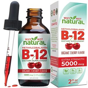 organic vitamin b12 liquid – sublingual extra strength 60 x 5000 mcg drops, methylcobalamin, natural cherry flavor, vegan, maximize absorption and energy